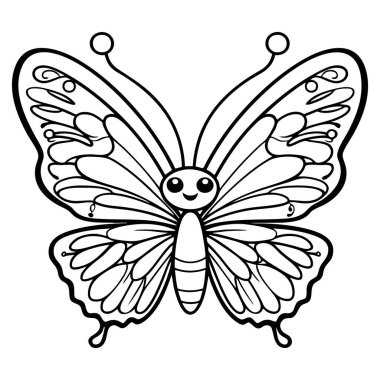 Büyük kanatları ve mutlu bir yüzü olan sevimli kelebek çocuk boyama faaliyetleri ve basılabilir boyama sayfaları için mükemmel.