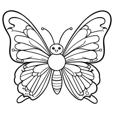 Çocuk boyama sayfaları ve yaratıcı oyun zamanı eğlencesi için mükemmel zarif kanat detaylarıyla mutlu kelebek çizimi