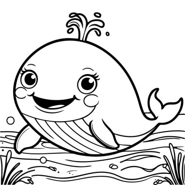 Okyanusta gülümseyen mutlu çizgi film balinaları, sayfaları boyamak için mükemmel.