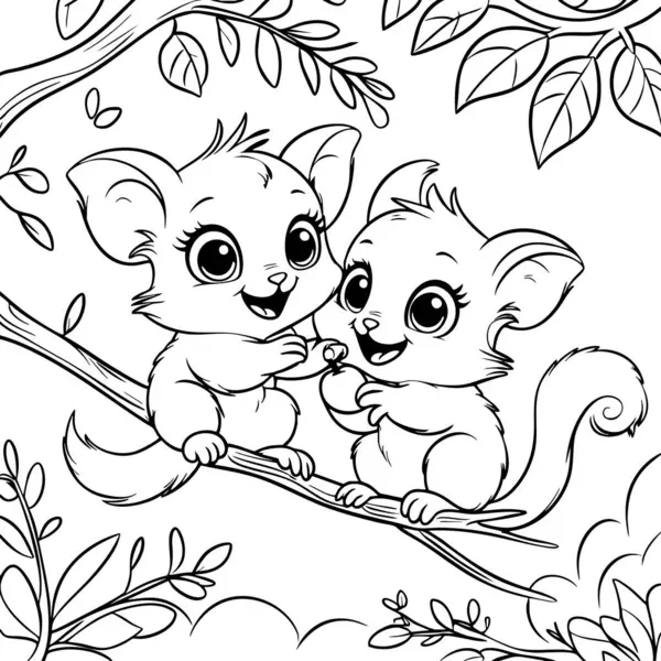 Şirin lemurlar yapraklarla çevrili bir ağaç dalında meyve paylaşıyorlar.