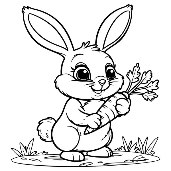 Mutlu çizgi film tavşanı çimenli bir açık havada büyük bir havuç tutuyor.