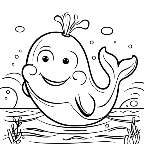 Şirin, gülümseyen bir balina, neşeli bir sualtı sahnesinde su fışkırtıyor.