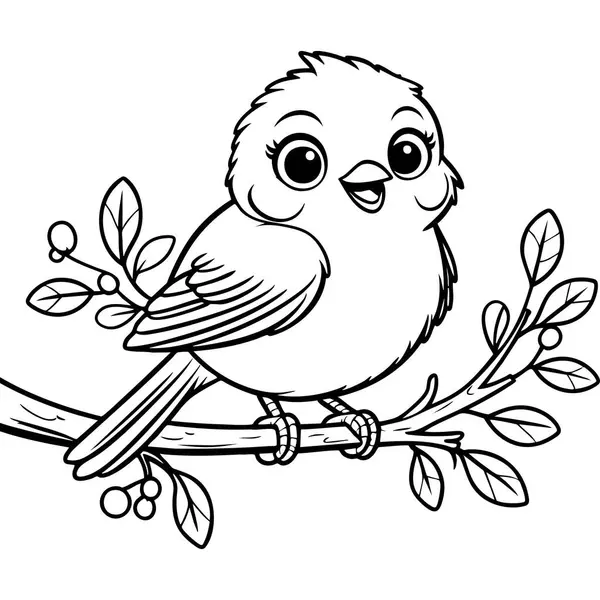 Yapraklar ve böğürtlenlerle ağaç dalında oturan mutlu çizgi film kuşu.