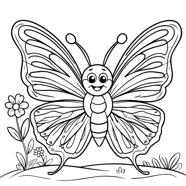  Ayrıntılı kanatları ve çiçekleri renklendirmek için mükemmel olan neşeli kelebek.