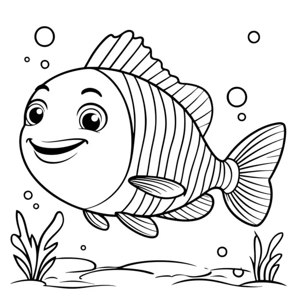 Su altında yüzen sevimli bir karikatür balığı. Etrafı kabarcıklarla ve deniz bitkileriyle çevrili.