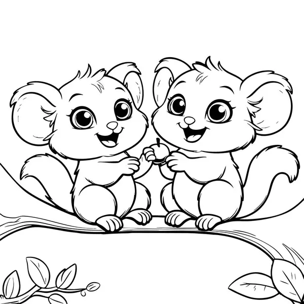 Şirin hayvanlar ağaç dalında birlikte oturup atıştırmalık yiyorlar.