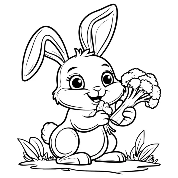 Küçük çimenli bir tarlada gülümseyen brokoli tutan sevimli tavşan.
