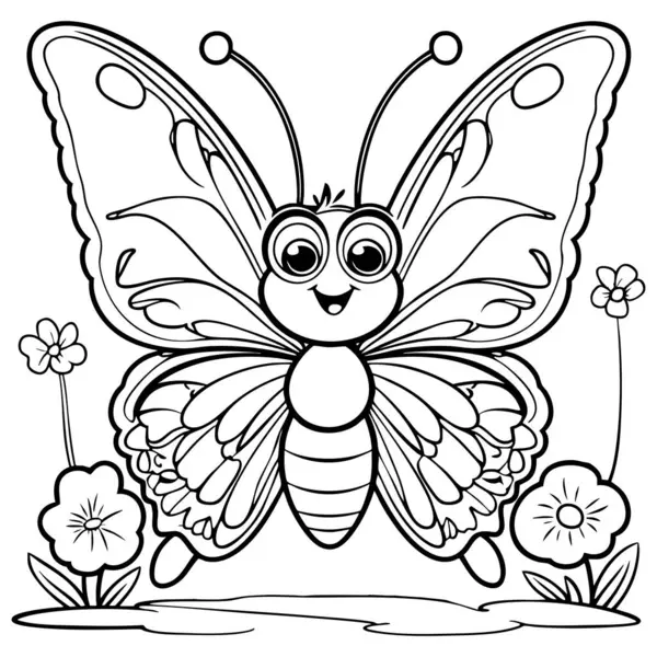 Büyük gözlü ve çiçeklerle çevrili mutlu bir kelebek.