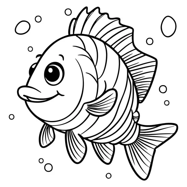 Çizgili yuvarlak bir balık büyük gözleriyle neşeyle suyun altında yüzüyor.