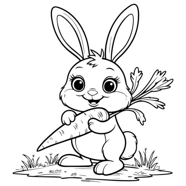 Büyük kulaklı mutlu bir tavşan ve çocuk boyama aktiviteleri için eğlenceli bir şekilde çizilmiş bir havuç.