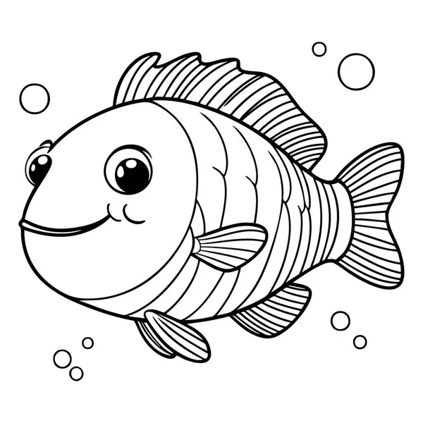 Neşeli çizgi film balıkları denizde kabarcıklarla yüzüyor.