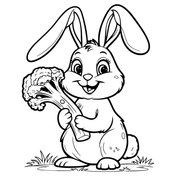 Büyük bir brokoli tutan ve parlak bir şekilde gülümseyen sevimli tavşan.