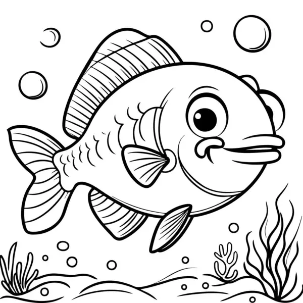 Baloncuklar ve deniz bitkileriyle çevrili dost canlısı çizgi film balıkları.