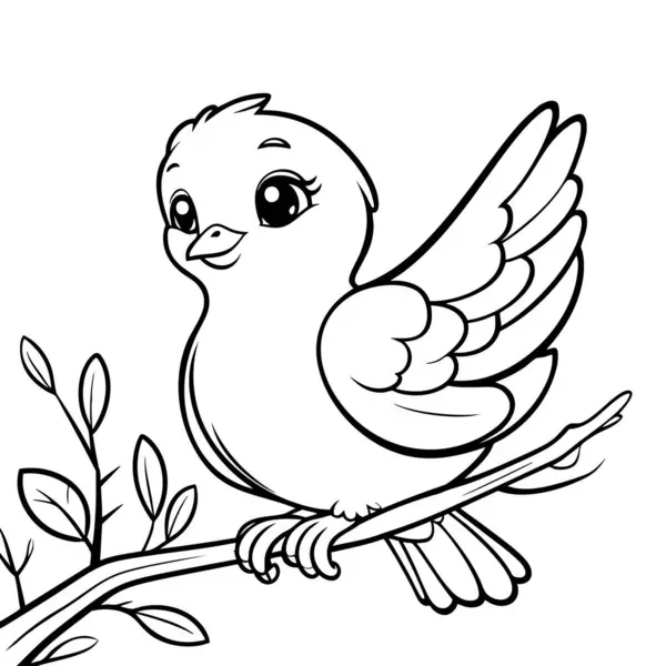 Gülen kuş, çocuk boyama ve doğa temalı sanat için şirin bir çizgi film tarzında çizilmiş bir dalın üzerine tünemişti.