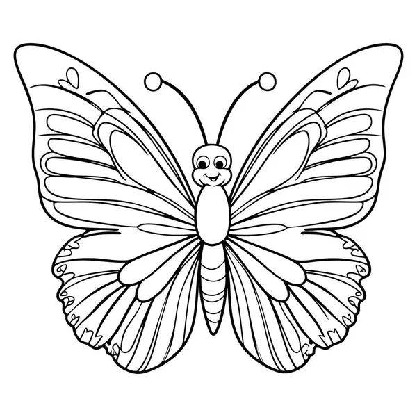 Yaratıcı çocuk boyama ve doğa eğitimi için geniş desenli kanatları olan zarif çizgi film kelebeği.