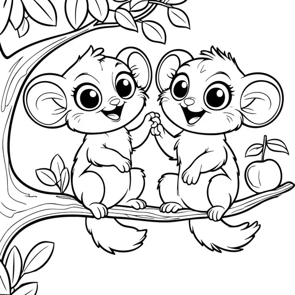 İki sevimli çizgi film hayvanı bir ağaç dalında el ele oturuyorlar.