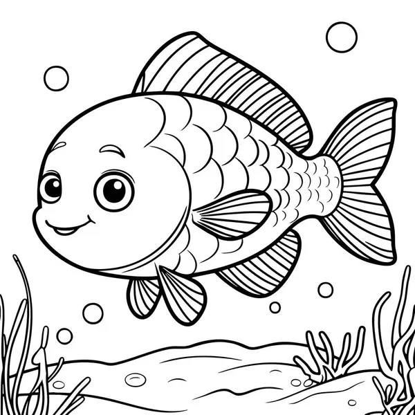 Okyanusta deniz yosunu ve baloncuklarla yüzen sevimli çizgi film balıkları.