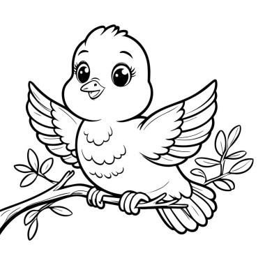 Sevimli yavru kuş ağaç dalına tünemiş. Büyük gözleri ve neşeli doğa sahnesi için açık kanatları olan renge hazır.