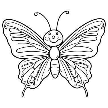Gülümseyen yüzü ve basit desenli kanatları olan çocuklar için sevimli kelebek boyama sayfası. Genç öğrenciler için mükemmel.