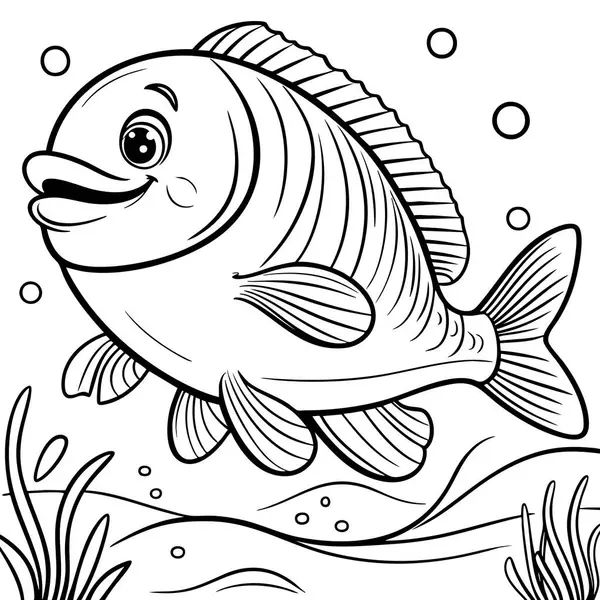 Baloncuklar ve su altı bitkileriyle denizde yüzen büyük bir karikatür balığı.