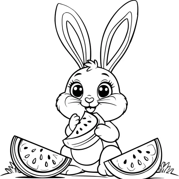 Sevimli bir tavşan çimlerde karpuz dilimleri yiyor.