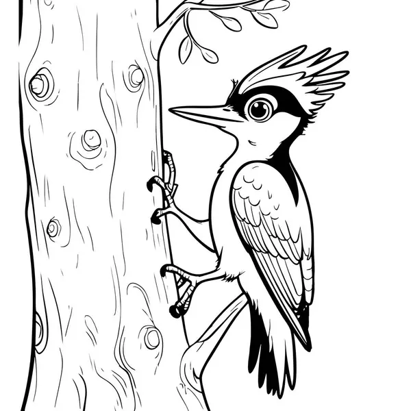 Çizgi film stili ağaçkakan, ağaç gövdesine yapışıp çocuk boyama etkinlikleri için doğa temalı harika eğlenceyi gagalamaya hazır.