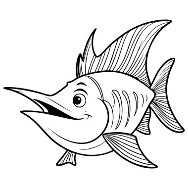 Gülümseyen bir çizgi film stili kılıç balığı. Çocuklar için mükemmel gözleri ve yüzgeçleri var.