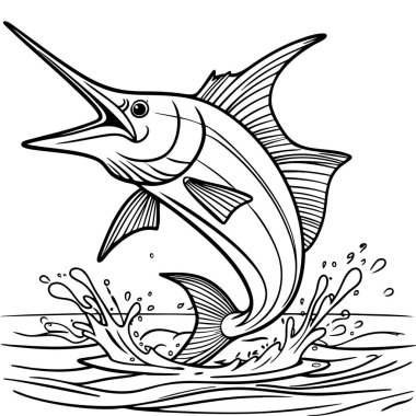 Bir çizgi film stili kılıçbalığı sıçrama efektiyle sudan atlıyor.