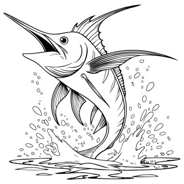 Canlı bir kılıç balığı dramatik sıçramalarla okyanustan yükseğe sıçrar.