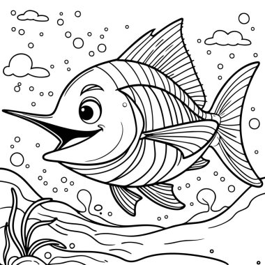 Baloncuk ve mercanlarla suyun altında yüzen mutlu bir kılıçbalığı çizgi filmi.