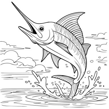 Kılıçbalığı okyanus suyundan su sıçratarak ve bulutlarla atlıyor.