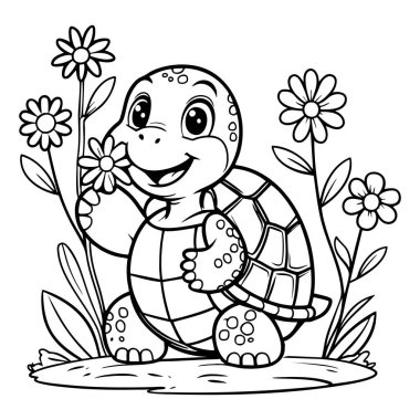 Çiçeklerle çevrili neşeli bir kaplumbağa. Çocuklar için doğa temalı renklendirme zamanı.
