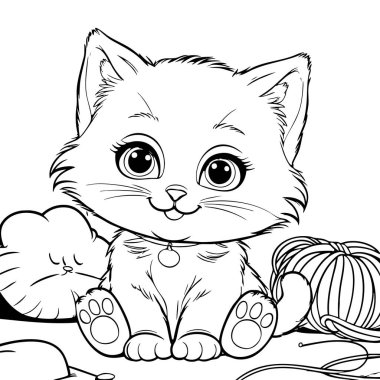 Büyük gözlü sevimli kedi yavrusu hayvan severler ve genç sanatçılar için iplikle mükemmel oynuyor.