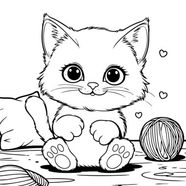 Yün yumağı ve kalp şekilleriyle oturan küçük tatlı kedi yavrusu.