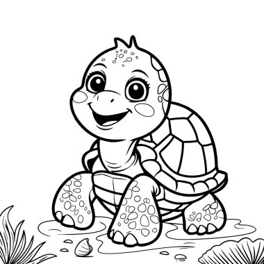 Gülümseyen bebek kaplumbağa tatlı bir ifadeyle okyanus kıyısında oturuyor.