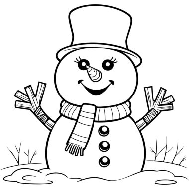 Kar altında gülümseyen şapka ve eşarp takan sevimli bir kardan adam.