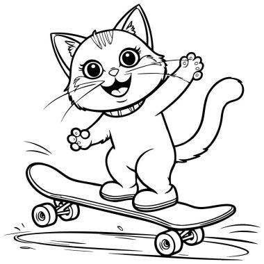 Mutlu çizgi film kedisi sevinçle kayıyor Bir pençesi havada