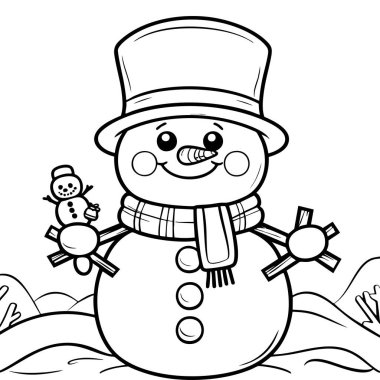 Kış manzarasında şapkası ve eşarbıyla küçük bir kardan adam tutan gülümseyen kardan adam