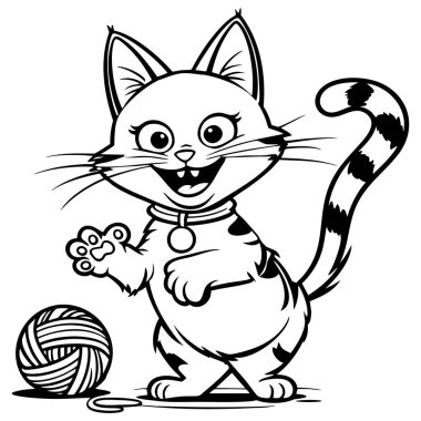 Çizgili kuyruk sallayan patili, iplik yumağı olan oyuncu çizgi film kedisi.