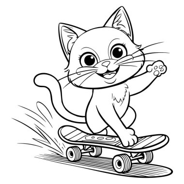 Büyük bir gülümsemeyle kaykaya binen sevimli bir çizgi film kedisi ve boyama eğlencesi için mükemmel bir pençe.