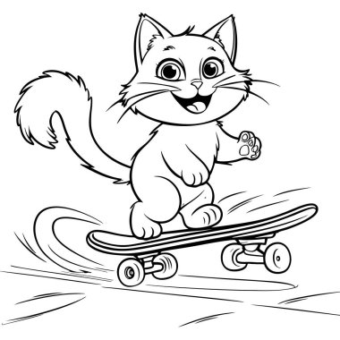 Neşeli bir kedi yavrusu neşe ve heyecanla kaykaya biniyor.