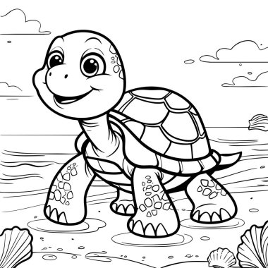 Mutlu bir deniz kaplumbağası okyanus dalgalarının yanında sahilde yürüyor.
