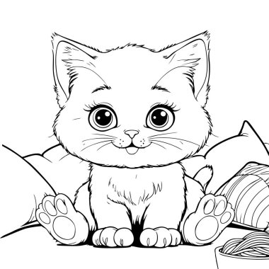 Yumuşak bir yüzeyde, yastıklar ve ipliklerle mutlu bir kedi yavrusu oturuyor.