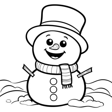 Karlı bir kış sahnesinde silindir şapkalı ve eşarplı gülen kardan adam.