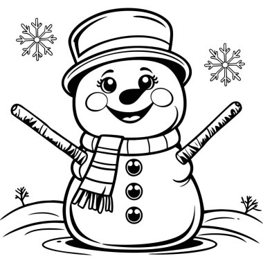 Etrafında eşarp düğmeleri ve kar taneleri olan gülümseyen kardan adam.