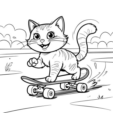 Neşeli bir çizgi film kedisi açık havada kaykaya biniyor. Gülümsüyor ve bir patisini kaldırıyor.