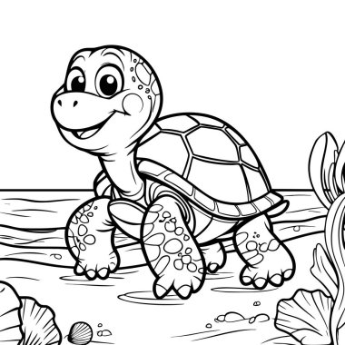 Detaylı kabuklu ve yüzgeçli mutlu bir çizgi film kaplumbağası sahilde su ve deniz kabuklarının yanında gülümsüyor.