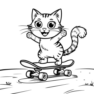 Neşeli bir kedi yavrusu, kaykayın üzerinde dengede duruyor. Pençeleri heyecandan parkın içinde yuvarlanıyor.