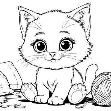 Kocaman gözleri ve yanında oynamaya hazır iplik yumağıyla oturan sevimli bir çizgi film kedisi.