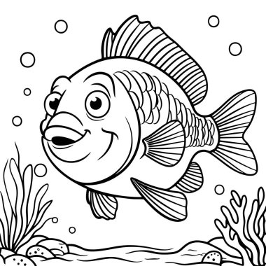 Deniz bitkileri ve kayalarla çevrili kabarcıklarla suyun altında yüzen neşeli bir karikatür balığı.